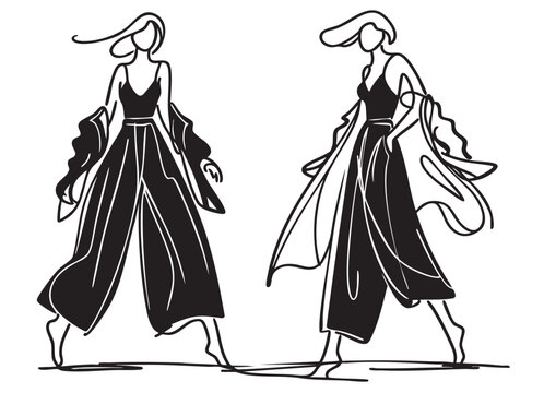abstract doodles sketch three fashion models very long black wide pants
