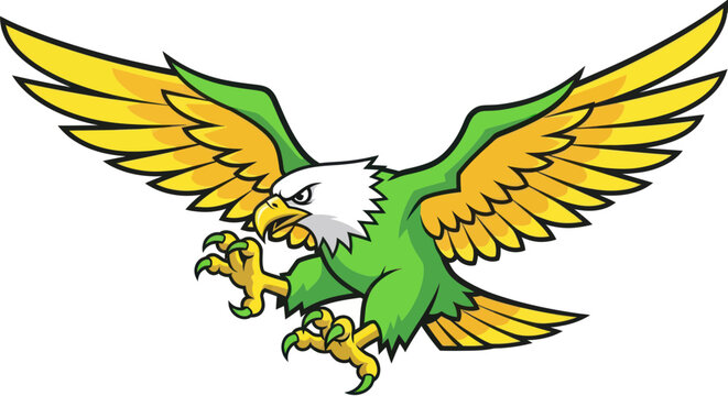 Aggressive Eagle Mascot Swooping Down with Talons Out, Green and Yellow