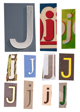 Letter J Typography Collage Showing Alphabet Signs, Fonts, Print Textures and Colorful Letterforms