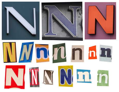 Letter N Collage: Colorful Typography And Signage Collection Showing Uppercase And Lowercase Styles