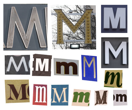 Collage Of Letter M Signs And Typography Variations In Different Styles And Materials