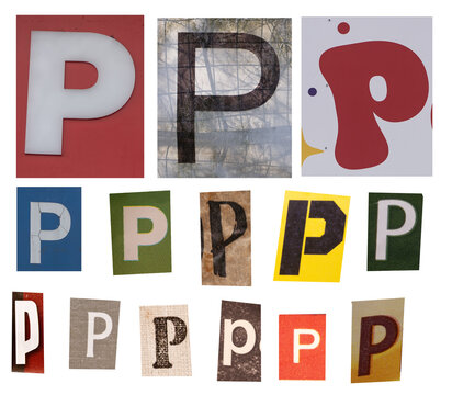 Collage of Letter P Signs and Typography Samples in Various Styles, Colors and Vintage Textures