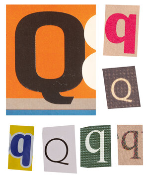 Colorful Q Letter Collage Typography Artwork With Vintage Printed Paper and Textured Type