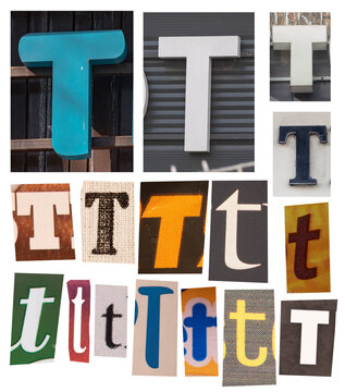 Collage of Letter T Typography Signs and Alphabet Variations in Mixed Materials and Styles