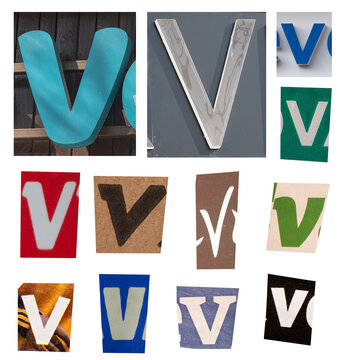 Collage Of Letter V Typography Signs And Printed V Characters On White Background