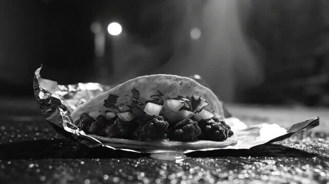 Black and white close up of a steaming taco on foil resting on a dark wet surface at night