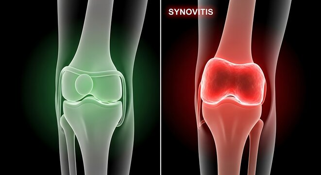 Healthy knee joint versus knee joint with synovitis isolated on black background