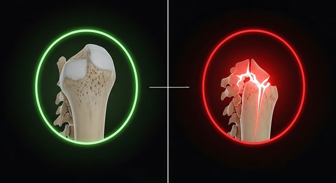 Vertebral bone comparison displaying healthy spine segment and shattered fracture location