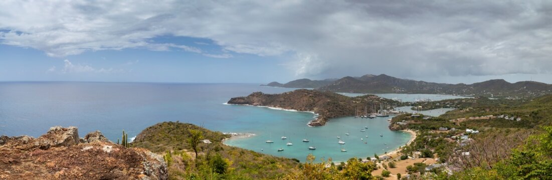 Ultrawide Panoramic View of English Harbor on the Island of Antigua in the West Indies on a Cloudy Spring Day