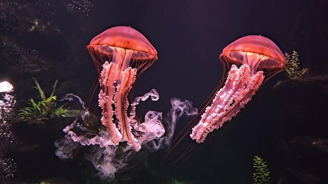 Graceful dance of two pacific sea nettle jellyfish gracefully drifting in dark water with ambient lighting