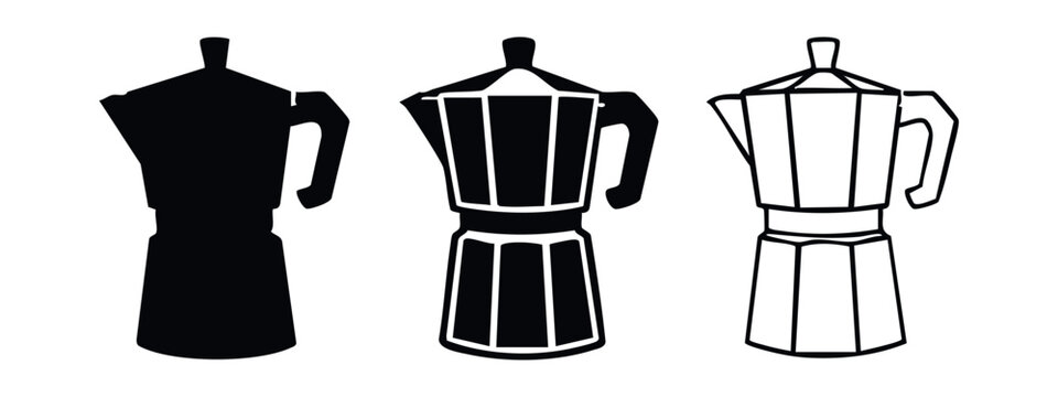 Moka Pot Coffee Maker Icon Set. Italian Espresso Machine Vector Illustration with Solid, Outline, and Line Art Styles.