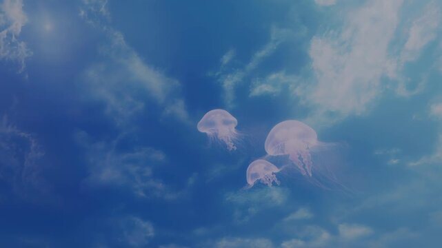 A surreal 3D render shows three translucent jellyfish floating serenely through a cloudy blue sky, creating a dreamlike and unexpected scene.