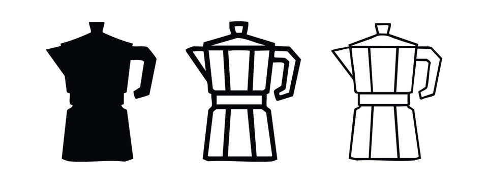 Moka pot icons set in three different styles. Stovetop espresso maker symbol in glyph, outline, and linear style.