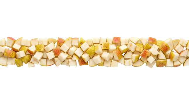 A panoramic close-up presents a multitude of diced Jonathan apple pieces, with their mix of white, yellow, and reddish hues, neatly arranged in a row against a transparent backdrop, offering versatile