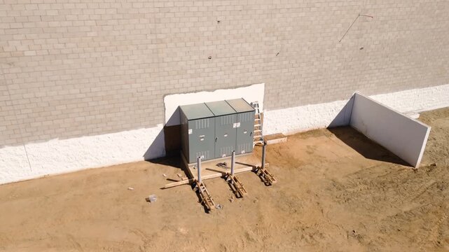 Aerial View of Automotive Dealership Construction Site with Steel Structure and Metal Roof