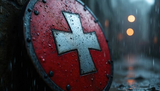 Red shield with white cross symbol. It stands in rain at night. Symbolizes security, protection, and resilience against threats. Strong defense.
