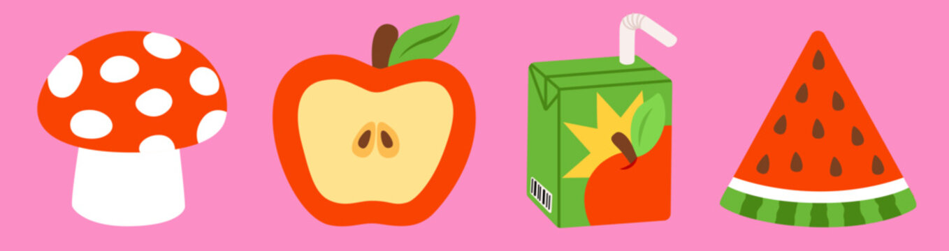 Funky sticker set with mushroom, apple, juice box and watermelon slice on a pink background. Bright food elements with bold shapes and vivid colors for packaging, stationery, prints and branding.