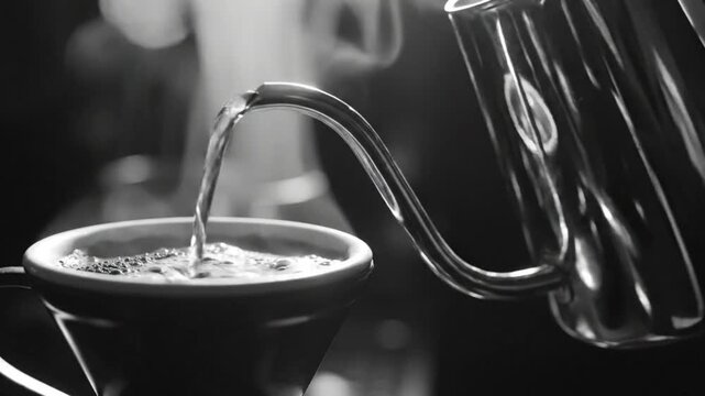 Brewing pour over coffee in slow motion from a metal gooseneck kettle into a ceramic dripper