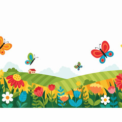 Naklejka premium Colorful Butterflies Flying Over Vibrant Flowers.