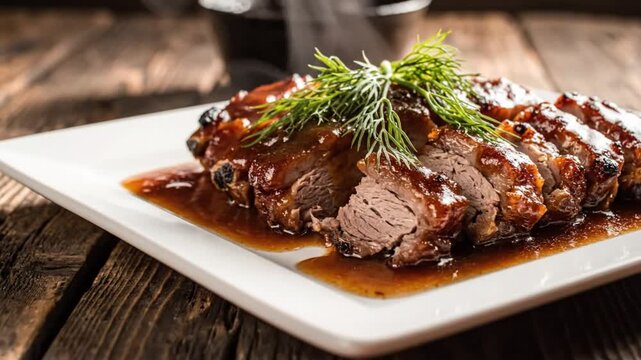 Savory glazed ribs with dill garnish presented on a square white plate and rustic wooden table