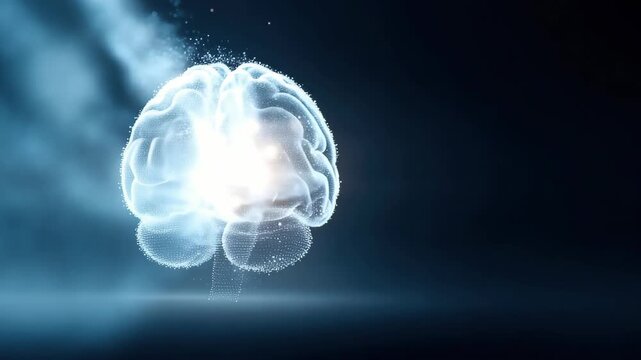 Glowing holographic human brain drifting through blue particle stream with pulsing core light 60 FPS