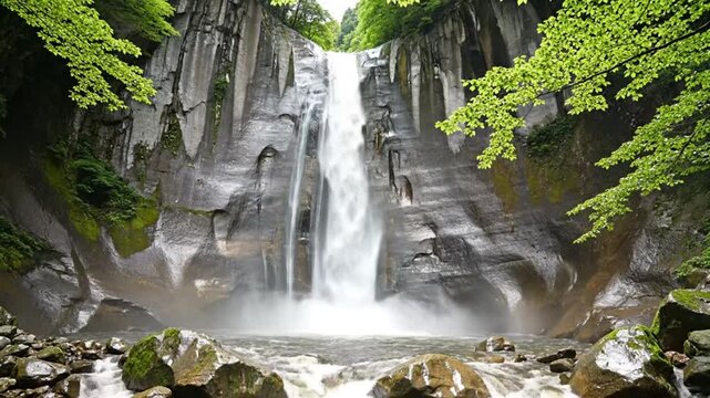 Scenic Waterfall cascading down gray rock face surrounded by lush green trees in a peaceful forest setting