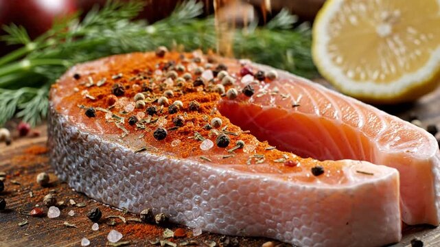 Close up view of seasoning fresh salmon steak with sea salt and spices on a wooden surface