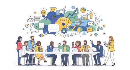 Fototapeta premium Diverse group of professionals collaborating around a conference table with colorful abstract business graphics above them.