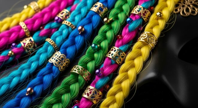 Colorful braided hair extensions closeup.