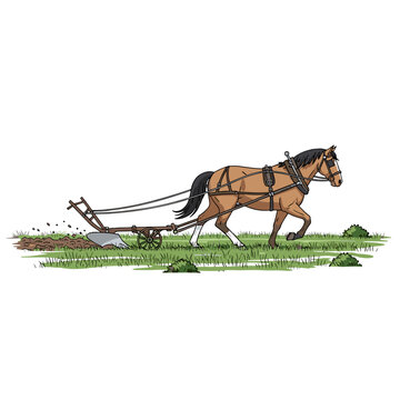 Horse pulling a plow in a field, vintage farming illustration