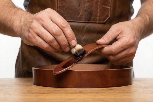 Artisan applying dark dye to a handmade leather belt using a dauber