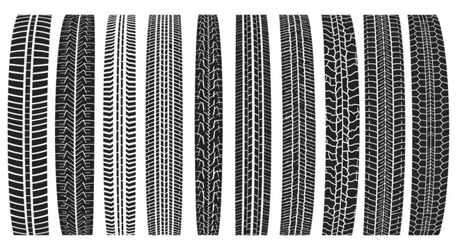 Comprehensive collection of diverse tire tread patterns, illustrating various vehicle tracks and grip designs essential for automotive graphics and safety concepts