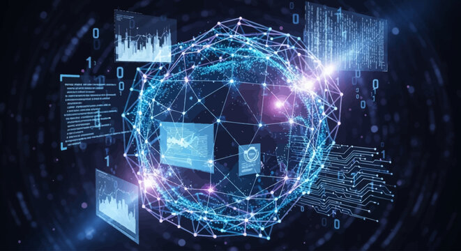 Abstract visualization of a glowing digital network sphere surrounded by data screens and binary code, representing artificial intelligence and big data.