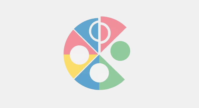 A colorful abstract circular logo design with four quadrants, each containing a white geometric shape, on a light grey background.