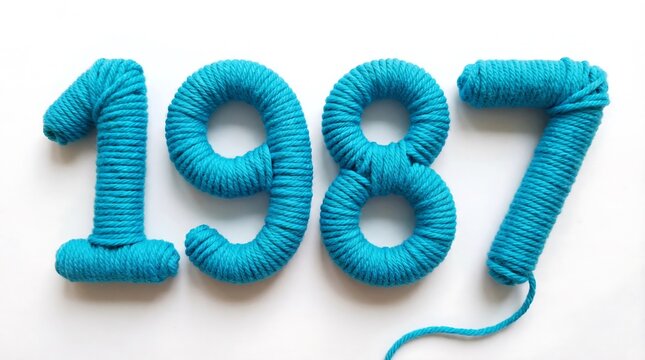 Year 1987 Crafted with Blue Yarn on White Background