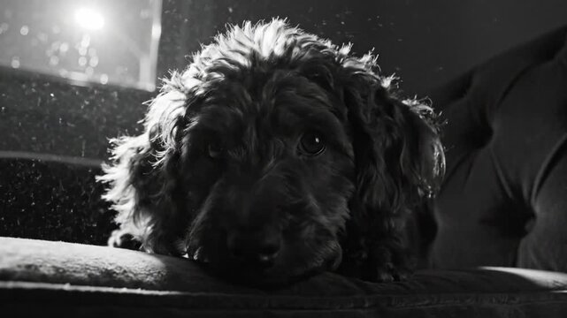 Black and white portrait of a cockapoo dog resting on a couch, looking intently at the camera