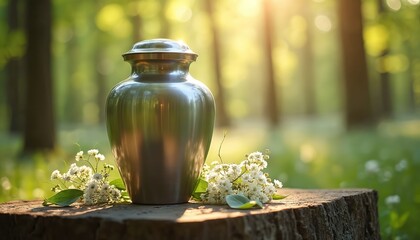 Stainless steel urn with white flowers rests on wood stump in sunlit forest clearing. Peaceful nature scene offers quiet reflection and remembrance.