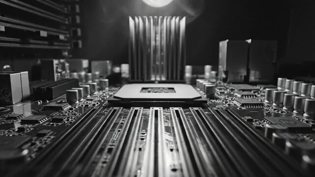 Dramatic slow-motion of computer motherboard with smoking processor and bright overhead light, black and white.