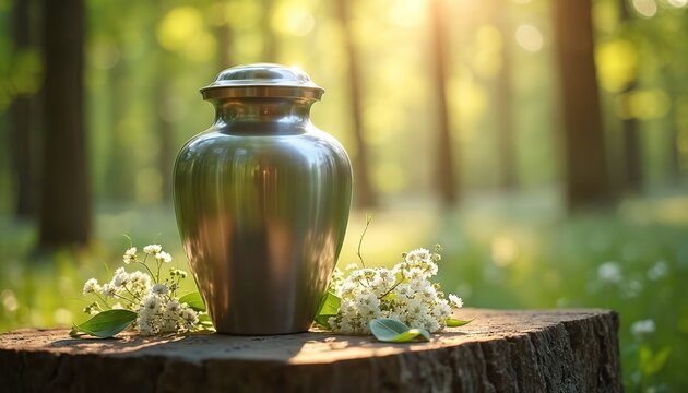 Stainless steel urn with white flowers rests on wood stump in sunlit forest clearing. Peaceful nature scene offers quiet reflection and remembrance.