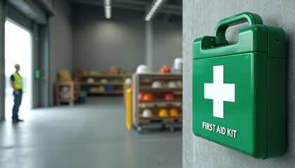 Naklejka premium Green first aid kit box with white cross symbol mounted on concrete wall in industrial warehouse. Worker in safety vest stands near open bay door in background.