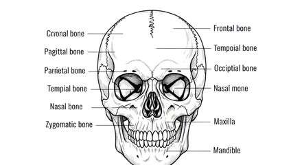 Anatomical Illustration of Human Skull with Labeled Bones © udin