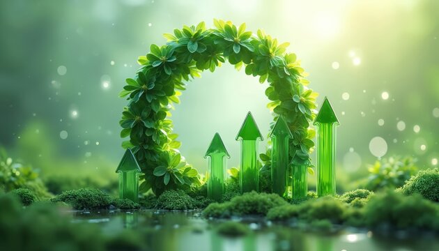 Green leaves form circular arch over glass upward arrows in soft forest light. Nature growth concept, eco progress symbol with bokeh effect. Fresh vibrant scene.