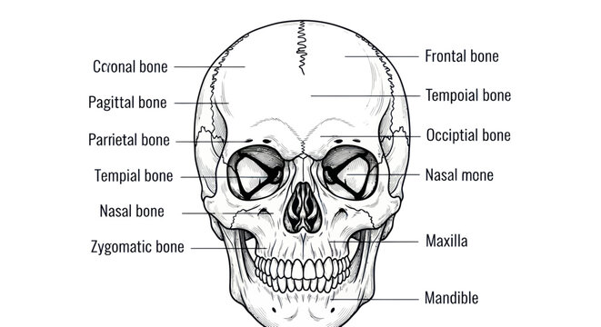 Anatomical Illustration of Human Skull with Labeled Bones