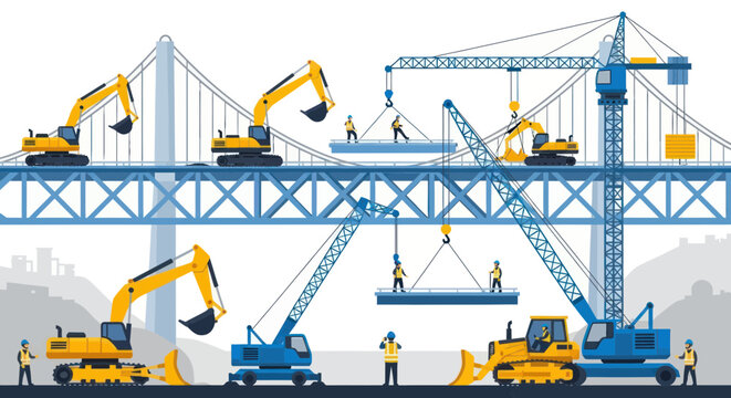 Construction of a modern bridge with excavators, cranes, and workers