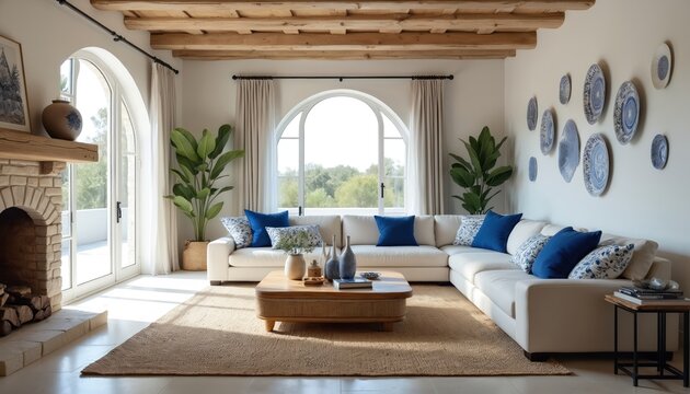 Bright Mediterranean living room features large windows, a white sectional sofa with blue pillows, and a rustic coffee table. The space has exposed wooden beams and decorative plates on the wall.