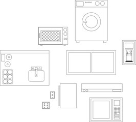 Technical drawing showing various household appliances including washing machine, microwave, refrigerator, oven, sink and air conditioning unit in plan view. © Riki