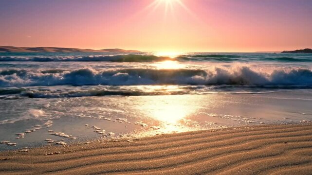 Tranquil beach scene at sunset, with waves crashing against the shoreline and the sun's reflection on the water.