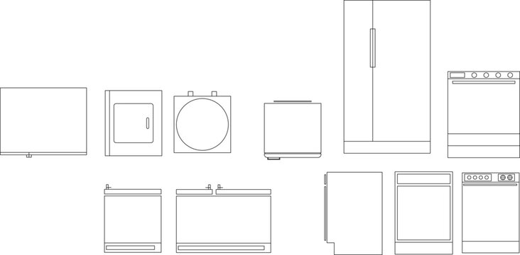 Technical drawing showing various household appliances including washing machines, refrigerators, ovens, dishwashers and TV in front elevation view.
