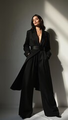 Naklejka premium Woman wears elegant black wide leg pants and matching blazer. Silk fabric flows. She stands in a studio with dramatic light. Sophisticated, powerful, and chic outfit.