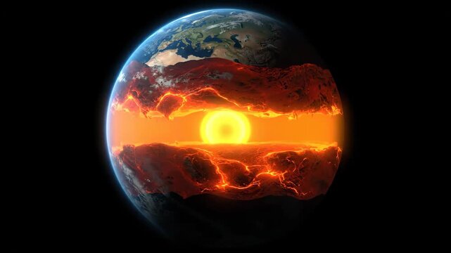 Scientific visualization of planet earth's internal structure. A geological cutaway showing the crust, mantle, and glowing hot core. Educational model for geology and planetary science